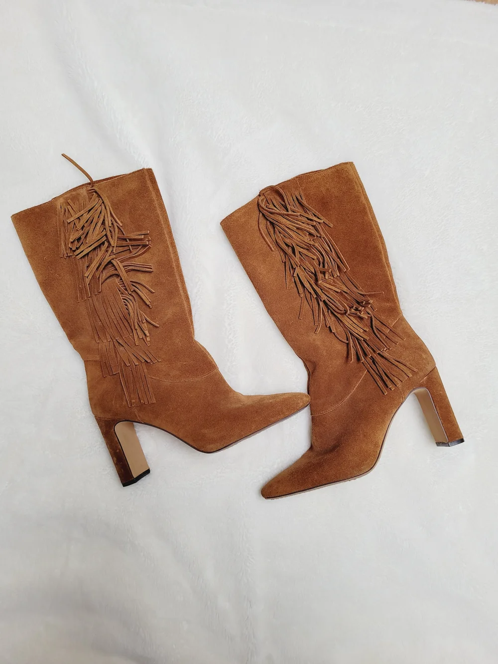 NWOT Vince Camuto Sterla Tan Suede Fringe Mid-Calf Heeled Boots - Picture 3 of 5